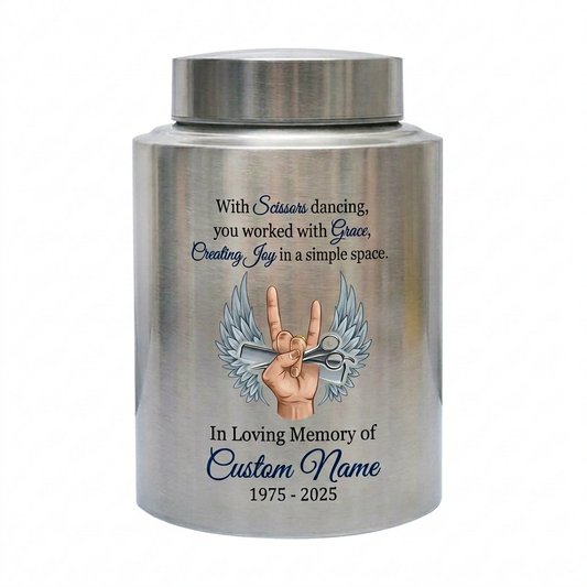 Personalized Master Barber Hair Stylist UV Printed Stainless Steel Cremation Urn for Ashes Custom Name Date Hairdresser Colleague Memorial Keepsake Urn, Memorial Gift, In Loving Memory - Image 1