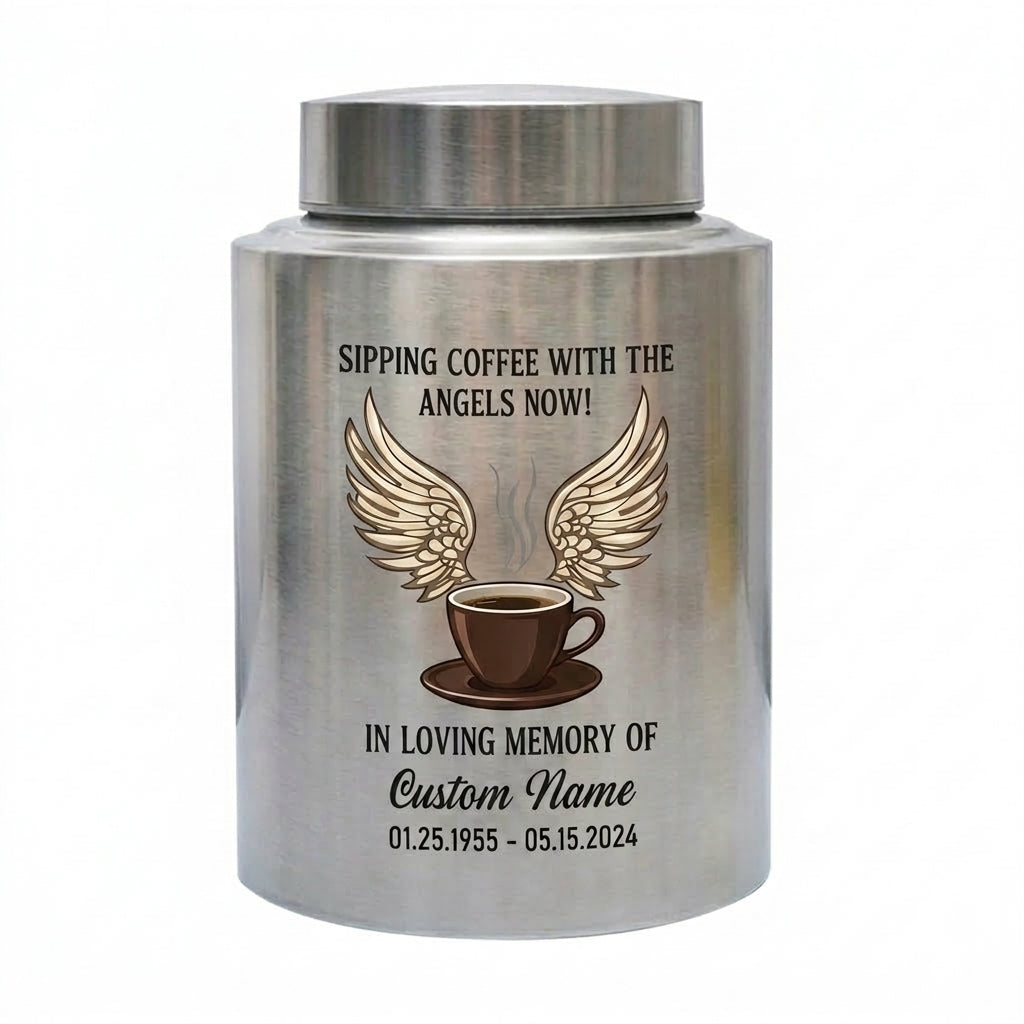 Personalized Coffee Theme Stainless Steel Cremation Urn for Ashes, Custom Name and Date Tribute for Coffee Lover, Large Size Options, Memorial Keepsake Urn, Memorial Gift, In Loving Memory - Image 1