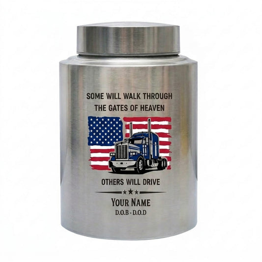 Personalized Semi Truck Angel Wings Stainless Steel Cremation Urn for Truck Driver Dad Male, 2 Sizes, Funeral Bereavement Tribute, Memorial Keepsake Urn, Memorial Gift, In Loving Memory - Image 1