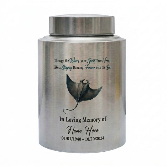 Personalized Stingray Beach Ocean Waves UV Printed Stainless Steel Urn for Loss of Loved One Marine Life Lover Large Ash Container Two Sizes Memorial Keepsake Urn, Memorial Gift, In Loving Memory - Image 1