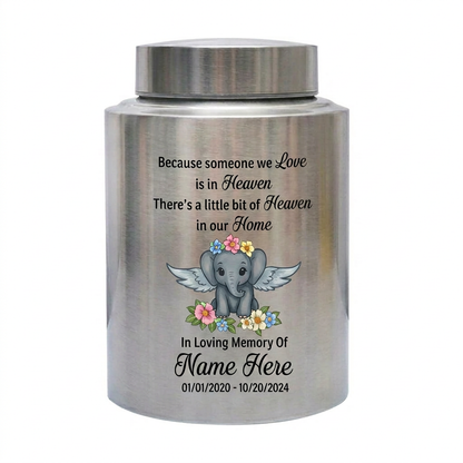 Personalized Baby Elephant Stainless Steel Cremation Urn for Infant Boy Girl Ashes Custom Because Someone We Love is in Heaven UV Print Decor Memorial Keepsake Urn, Memorial Gift, In Loving Memory - Image 1