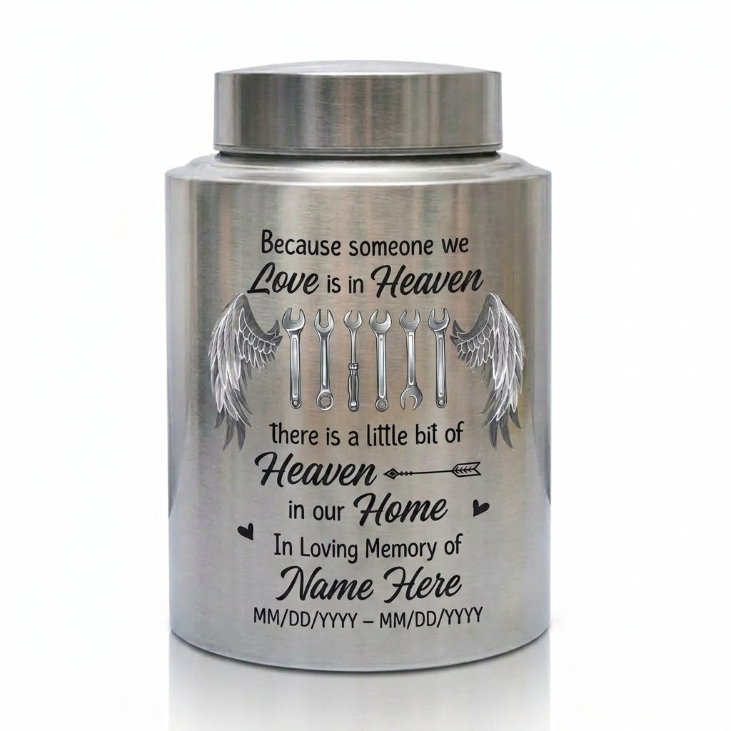 Personalized Mechanic Man Stainless Steel Urn Because Someone We Love Is In Heaven For Dad Father Husband, Small And Large Sizes, Memorial Keepsake Urn, Memorial Gift, In Loving Memory - Image 1