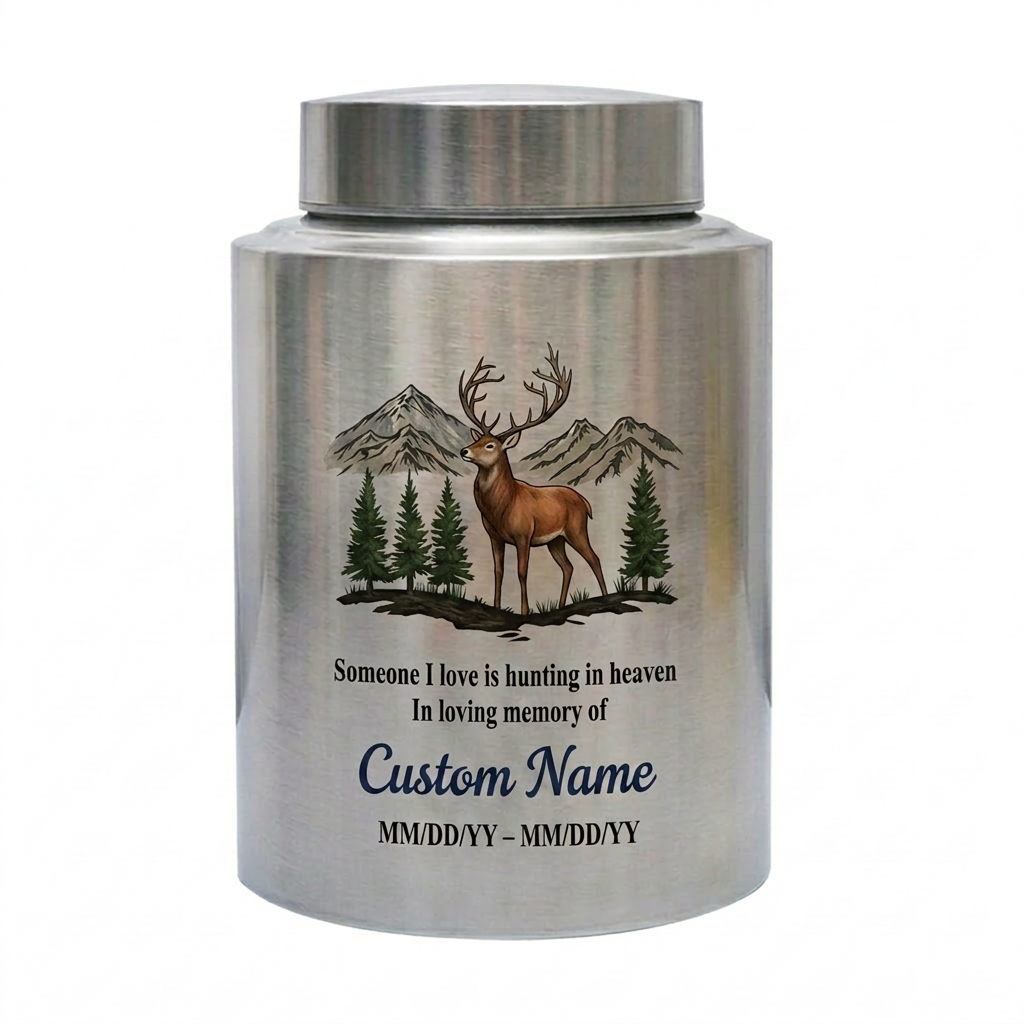 Personalized Hunting In Heaven Deer Stainless Steel Cremation Urn For Adult Ashes, Hunter Tribute, Loss Of Dad Grandpa Husband, Two Sizes, Memorial Keepsake Urn, Memorial Gift, In Loving Memory - Image 1