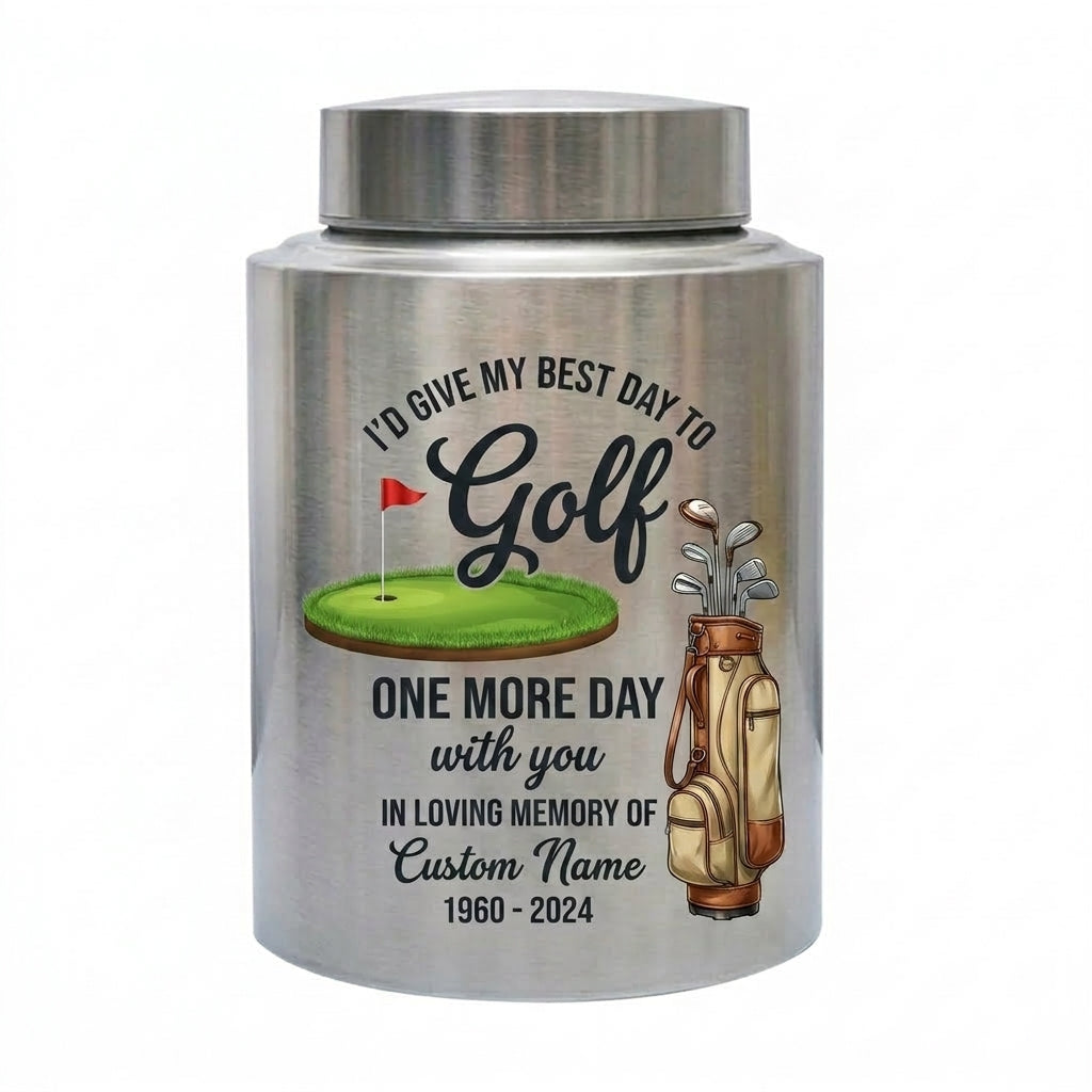 Personalized Golf Player Memorial UV Printed Stainless Steel Urn for Father Grandfather Golfer Enthusiast Adult Human Ashes 2 Sizes Memorial Keepsake Urn, Memorial Gift, In Loving Memory - Image 1