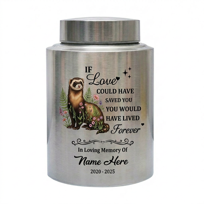 Personalized Botanical Ferret Stainless Steel Pet Urn For Animal Ashes Sympathy Bereavement Display Small Large Sizes Loss Of Pet Memorial Keepsake Urn, Memorial Gift, In Loving Memory - Image 1