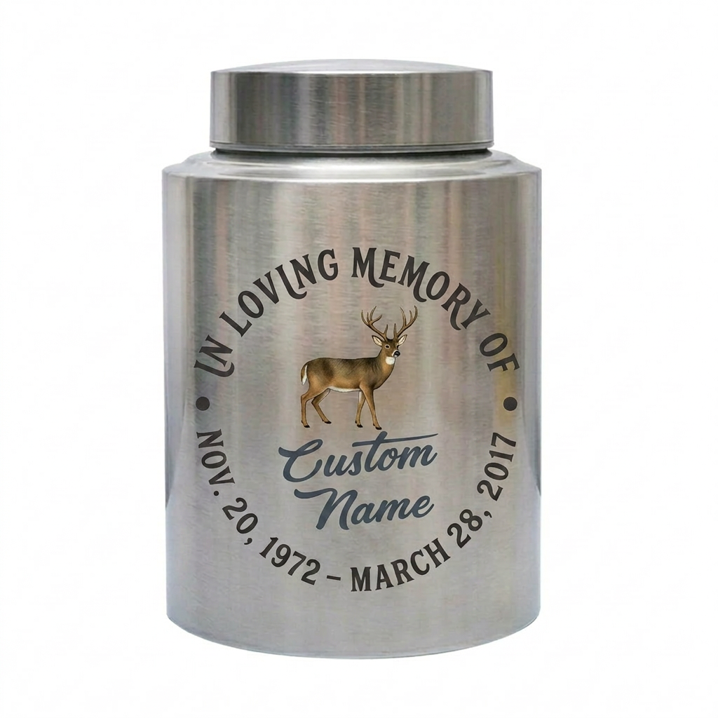 Personalized Deer Hunting UV Printed Stainless Steel Urn for Adult Human Ashes, Sympathy Bereavement Present for Hunters Outdoorsmen, Memorial Keepsake Urn, Memorial Gift, In Loving Memory - Image 1