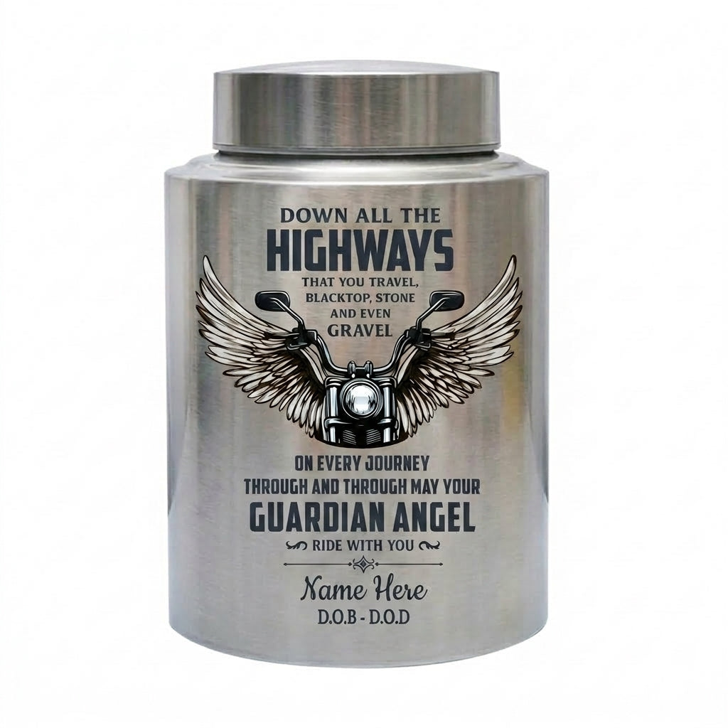 Personalized Motorcycle Riding In Heaven Guardian Angel Stainless Steel Cremation Ash Holder For Adult Male Dad Biker Large UV Print Memorial Keepsake Urn, Memorial Gift, In Loving Memory - Image 1