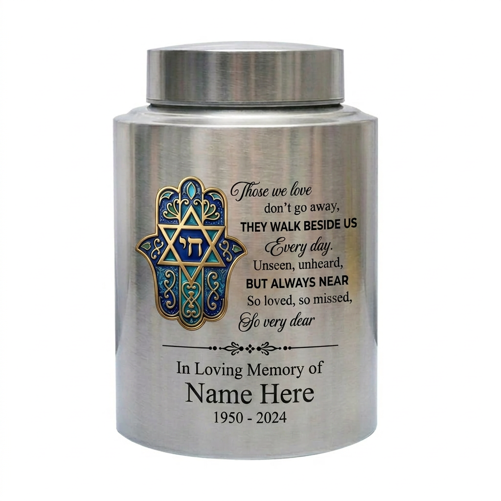 Personalized Jewish Star of David Hamsa Hand Chai Tree of Life Stainless Steel Bereavement Sympathy Silver Black Gold Red 2 Sizes Memorial Keepsake Urn, Memorial Gift, In Loving Memory - Image 1