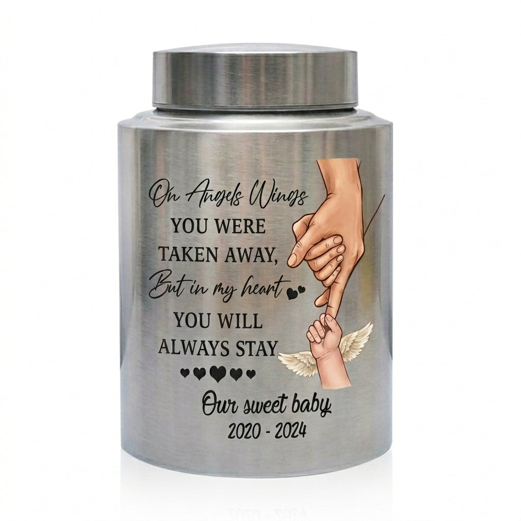 Personalized Baby Angel Wings Hand Infant Loss UV Printed Metal Cremation Ashes Container Child Bereavement Miscarriage Grief Parent Memorial Keepsake Urn, Memorial Gift, In Loving Memory - Image 1