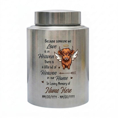 Personalized Highland Cow Stainless Steel Cremation Urn for Human Ashes, Bereavement Gift for Loss of Mother Father, Large Display Vessel, Memorial Keepsake Urn, Memorial Gift, In Loving Memory - Image 1