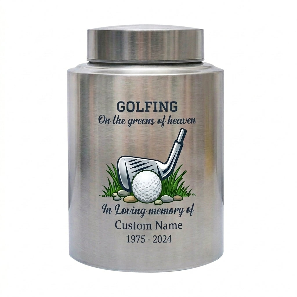 Personalized Golf Players Stainless Steel Cremation Urns For Human Ashes Adult Male Female On The Greens Of Heaven Funeral Small Large Memorial Keepsake Urn, Memorial Gift, In Loving Memory - Image 1