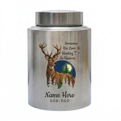 Personalized Deer Hunting Silhouette Stainless Steel Urn for Outdoorsman Dad Grandpa Husband, Hunting In Heaven Custom Adult Ashes Holder, Memorial Keepsake Urn, Memorial Gift, In Loving Memory - Image 1