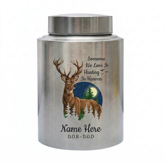 Personalized Deer Hunting Silhouette Stainless Steel Urn for Outdoorsman Dad Grandpa Husband, Hunting In Heaven Custom Adult Ashes Holder, Memorial Keepsake Urn, Memorial Gift, In Loving Memory - Image 1