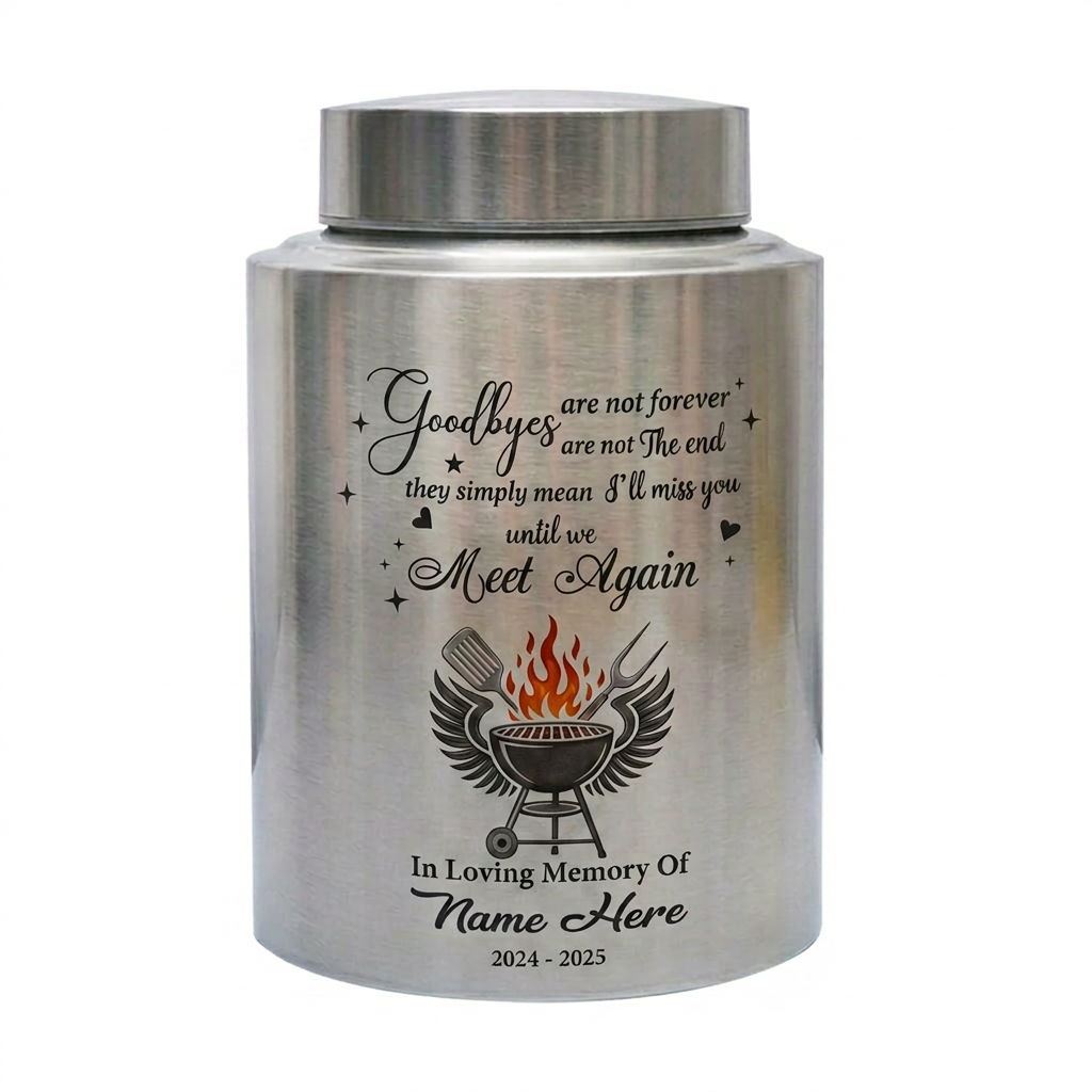 Personalized Custom Grilling Dad BBQ Father Stainless Steel UV Print Loss of Grandpa Goodbyes Are Not Forever Quote Large Small Memorial Keepsake Urn, Memorial Gift, In Loving Memory - Image 1