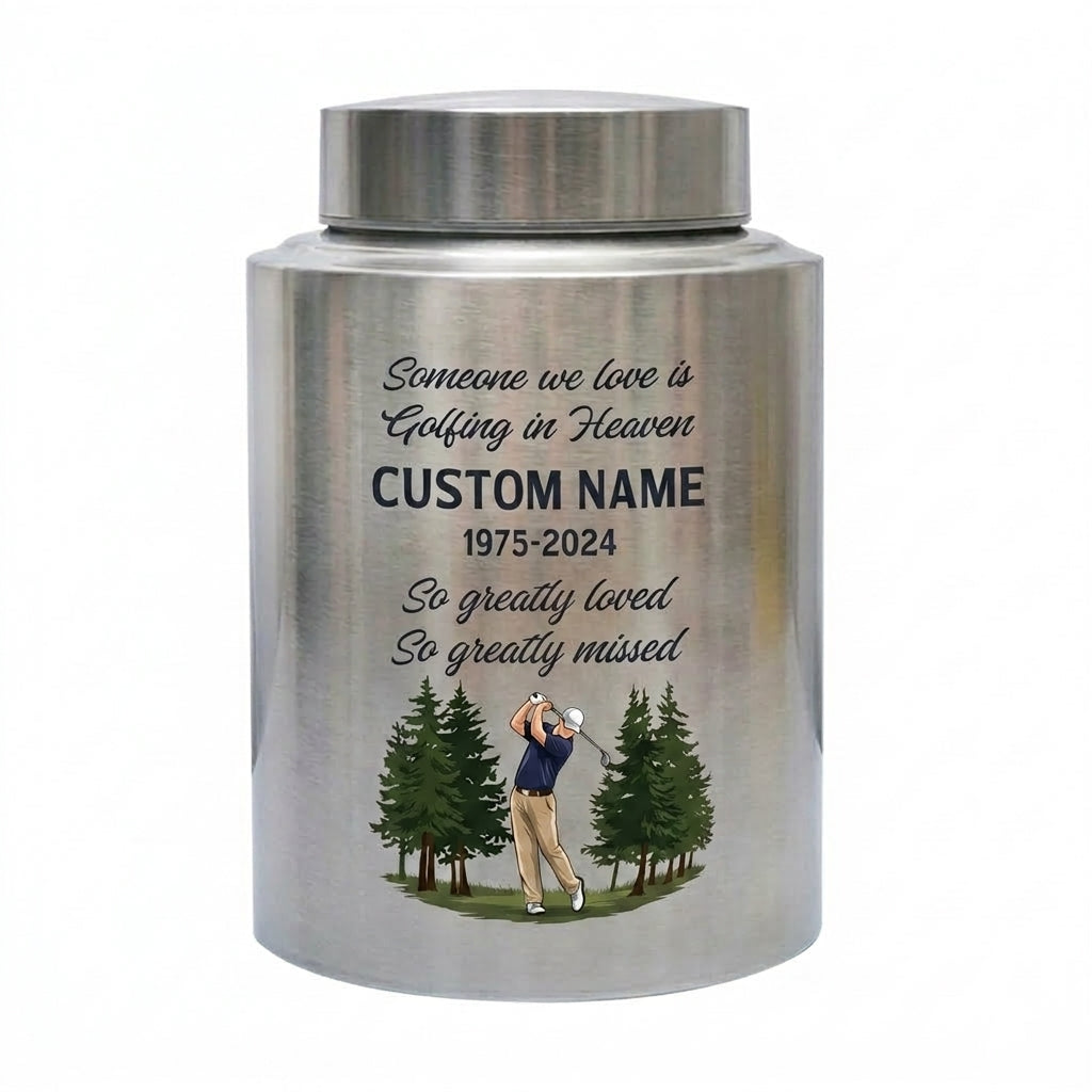 Personalized Golf Player Silhouette Stainless Steel Cremation Urn for Loved One Adult Male Female, Golfer Tribute Ashes Container UV Printed, Memorial Keepsake Urn, Memorial Gift, In Loving Memory - Image 1