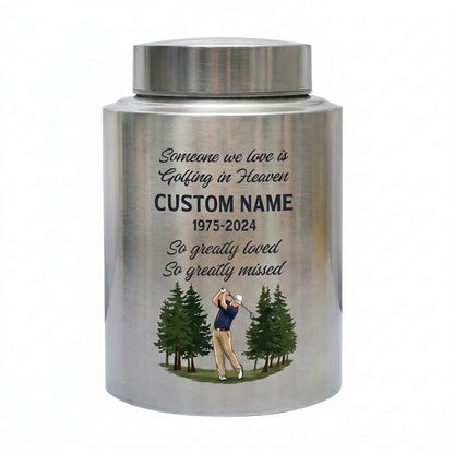 Personalized Golf Player Silhouette Stainless Steel Cremation Urn for Loved One Adult Male Female, Golfer Tribute Ashes Container UV Printed, Memorial Keepsake Urn, Memorial Gift, In Loving Memory - Image 1