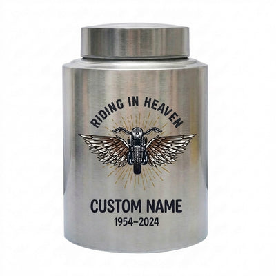 Personalized Motorcycle Cremation Urn Stainless Steel Riding In Heaven Biker Tribute for Dad Husband Two Sizes Black Gold Red Memorial Keepsake Urn, Memorial Gift, In Loving Memory - Image 1 | BXGH-SMALL-SILVER-B0DDKSJ82W BXGH-SMALL-BLACK-B0DDKSJ82W BXGH-SMALL-RED-B0DDKSJ82W BXGH-SMALL-GOLDEN-B0DDKSJ82W BXGH-LARGE-SILVER-B0DDKSJ82W BXGH-LARGE-BLACK-B0DDKSJ82W BXGH-LARGE-RED-B0DDKSJ82W BXGH-LARGE-GOLDEN-B0DDKSJ82W