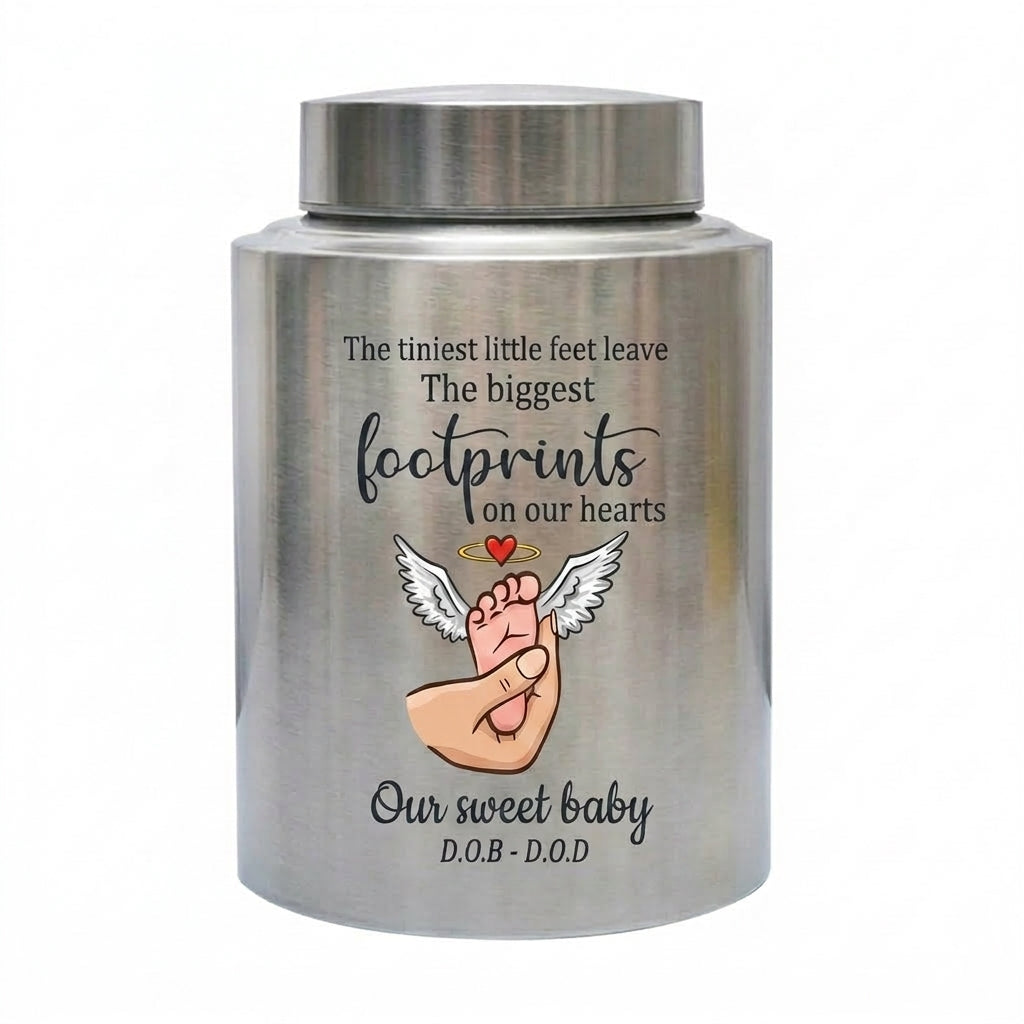 Personalized Baby Footprints Infant Loss Stainless Steel Urn, Child Bereavement Keepsake Custom Dates, Two Sizes 5.9x3.9 7.5x5.1, Memorial Keepsake Urn, Memorial Gift, In Loving Memory - Image 1
