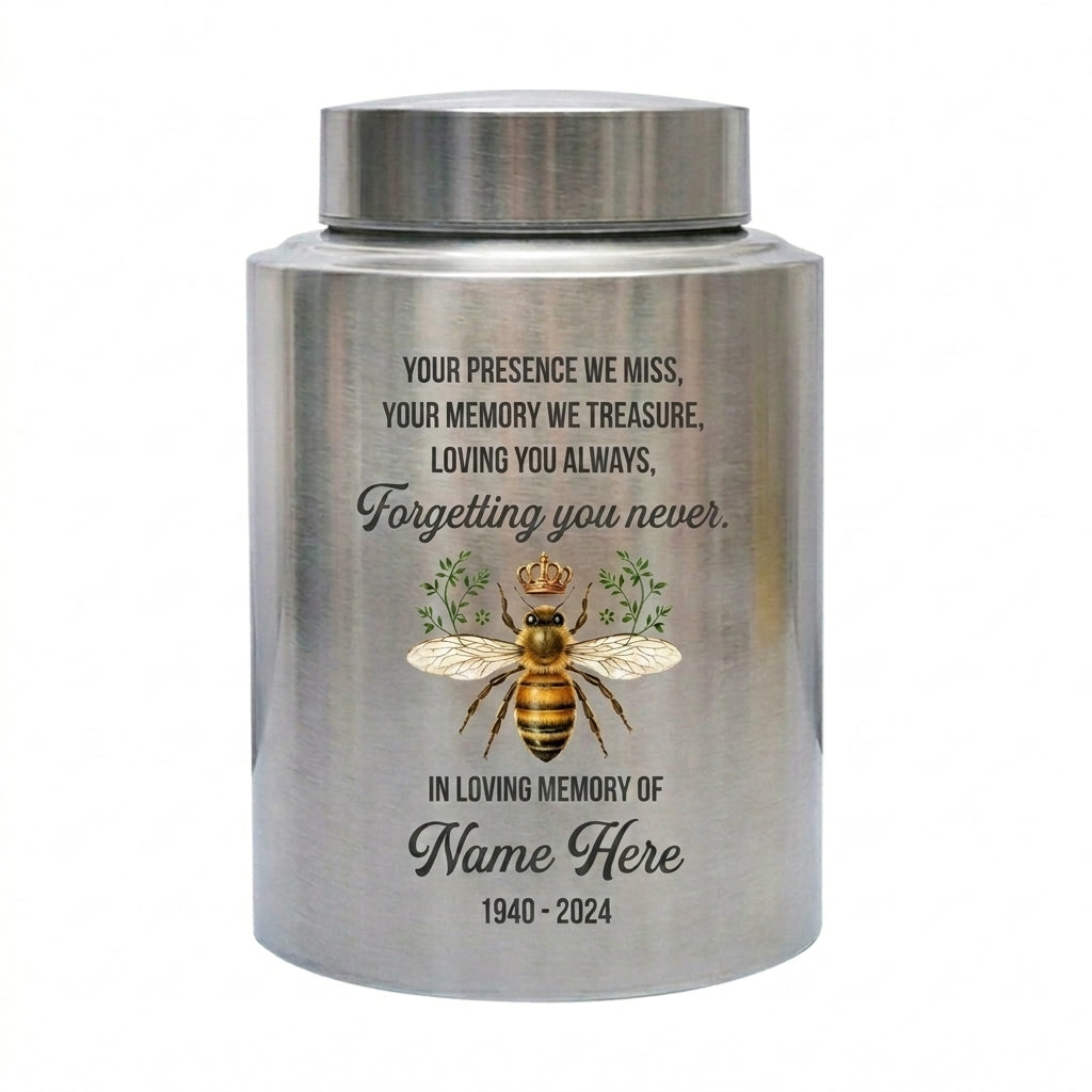 Personalized Honey Bee Stainless Steel Cremation Urn for Human Ashes, Custom Sympathy Remembrance Bereavement Gift for Loss of Loved One, Memorial Keepsake Urn, Memorial Gift, In Loving Memory - Image 1