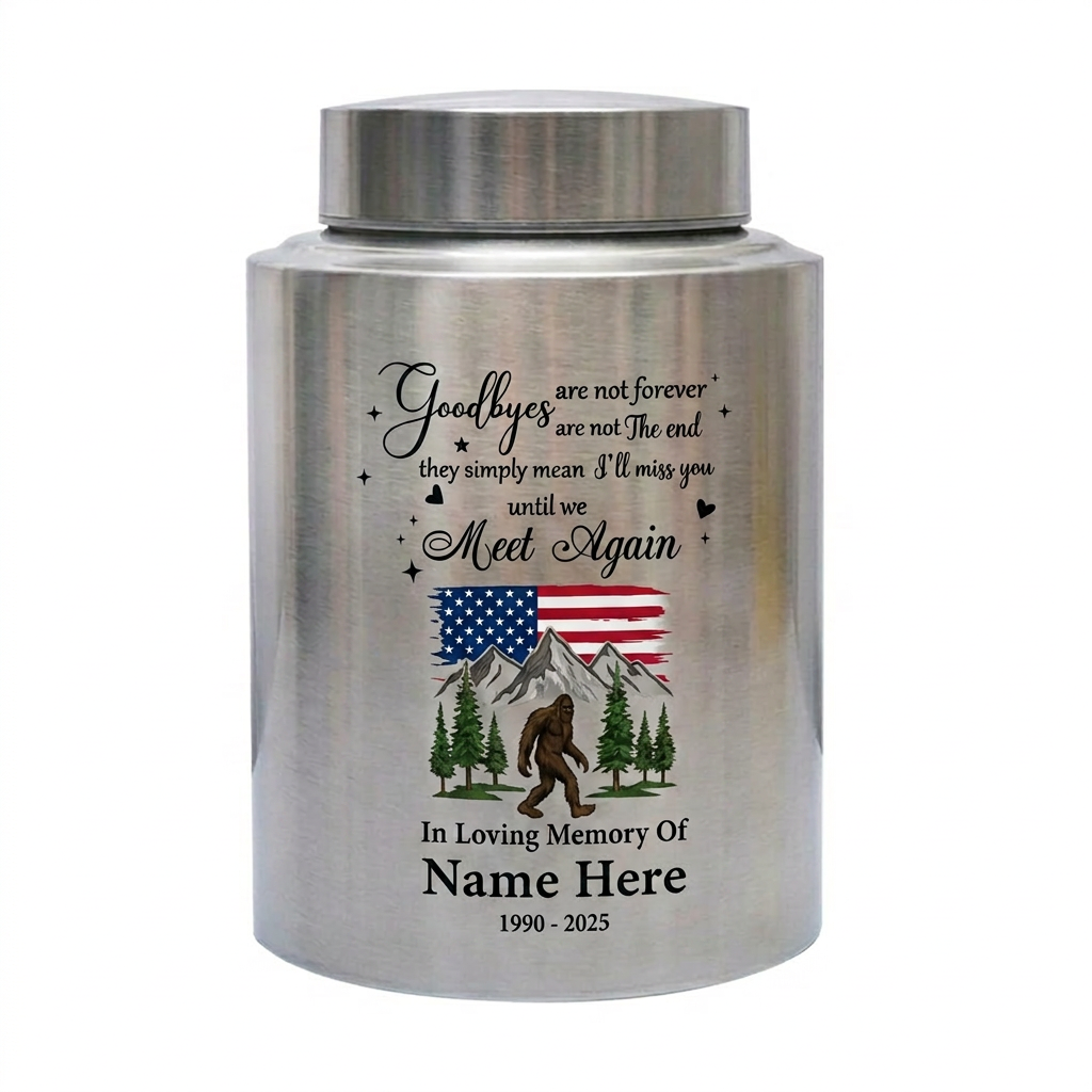 Personalized Bigfoot Sasquatch Stainless Steel Urn for Adult Human Ashes, Goodbyes Are Not Forever Quote Sympathy Bereavement Small Large Memorial Keepsake Urn, Memorial Gift, In Loving Memory - Image 1