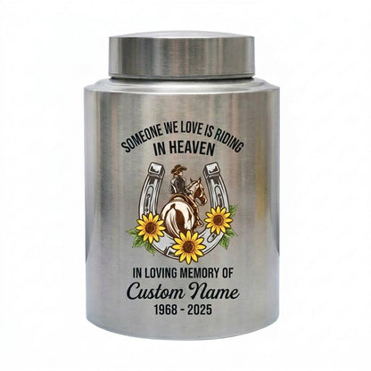 Personalized Cowgirl Horse Riding Stainless Steel UV Print Urn for Loss of Farmer Equestrian Bereavement Ash Holder Large Silver Black Gold Red Memorial Keepsake Urn, Memorial Gift, In Loving Memory - Image 1
