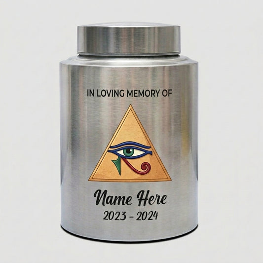 Personalized Eye of Horus Hamsa Hand Evil Eye Large Stainless Steel Cremation Urn for Human Ashes Spiritual Tribute 2 Sizes Memorial Keepsake Urn, Memorial Gift, In Loving Memory - Image 1