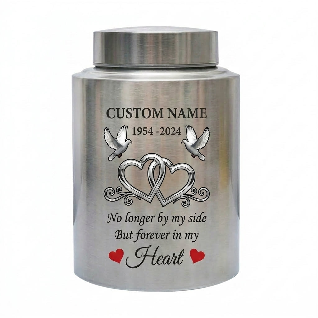 Personalized Infinity Love Doves Stainless Steel Cremation Urn for Adult Ashes, No Longer By My Side Quote, 5.9x3.9 or 7.5x5.1 inch, Memorial Keepsake Urn, Memorial Gift, In Loving Memory - Image 1