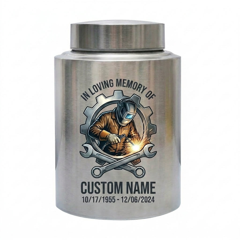 Personalized Welder Gear and Wrenches UV Printed Stainless Steel Urn for Loss of Father Husband Mechanic Bereavement Tribute Two Sizes Memorial Keepsake Urn, Memorial Gift, In Loving Memory - Image 1