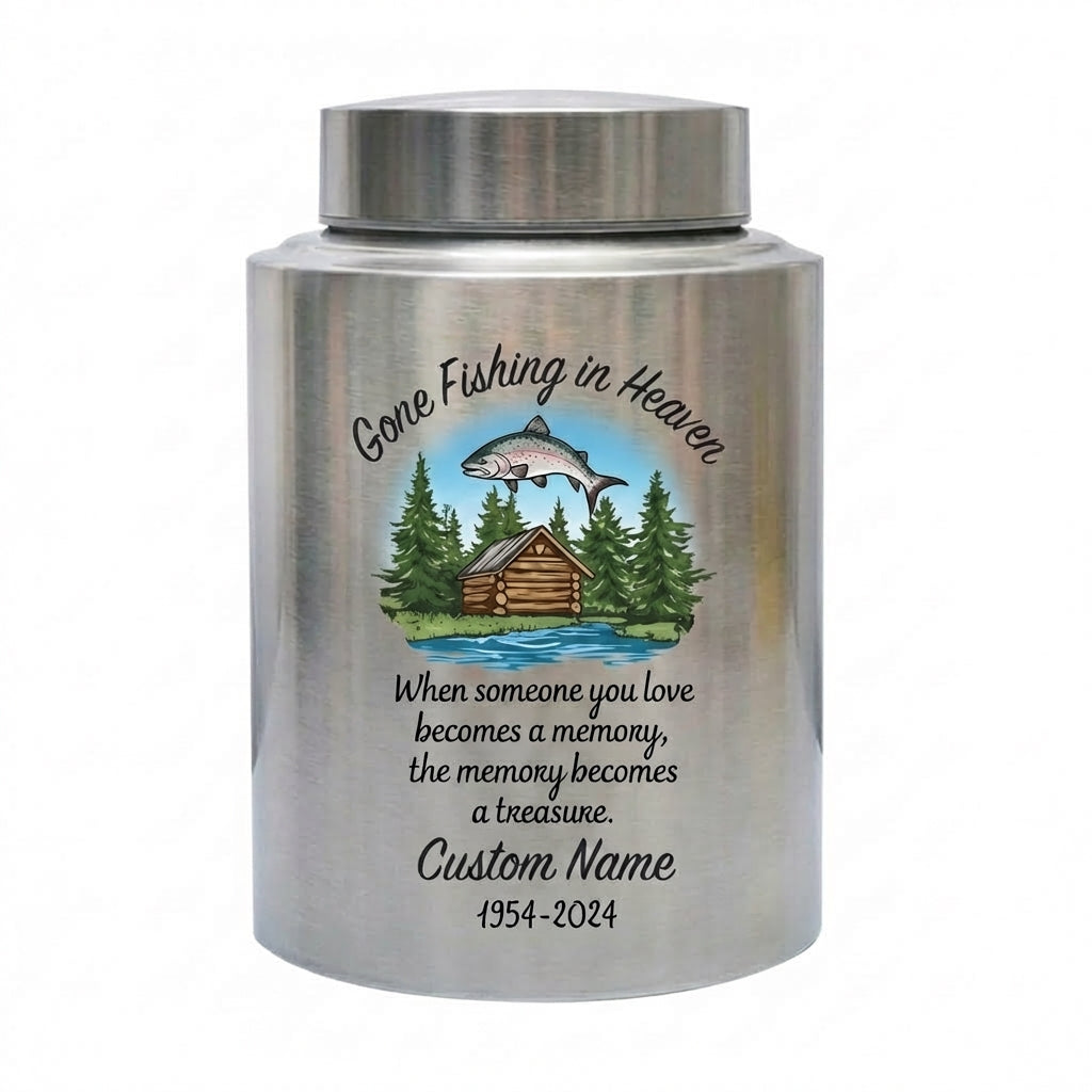 Personalized Bass Fishing Stainless Steel Urn for Human Ashes Fisherman Tribute Loss of Father Husband Grandpa Small and Large Sizes Memorial Keepsake Urn, Memorial Gift, In Loving Memory - Image 1