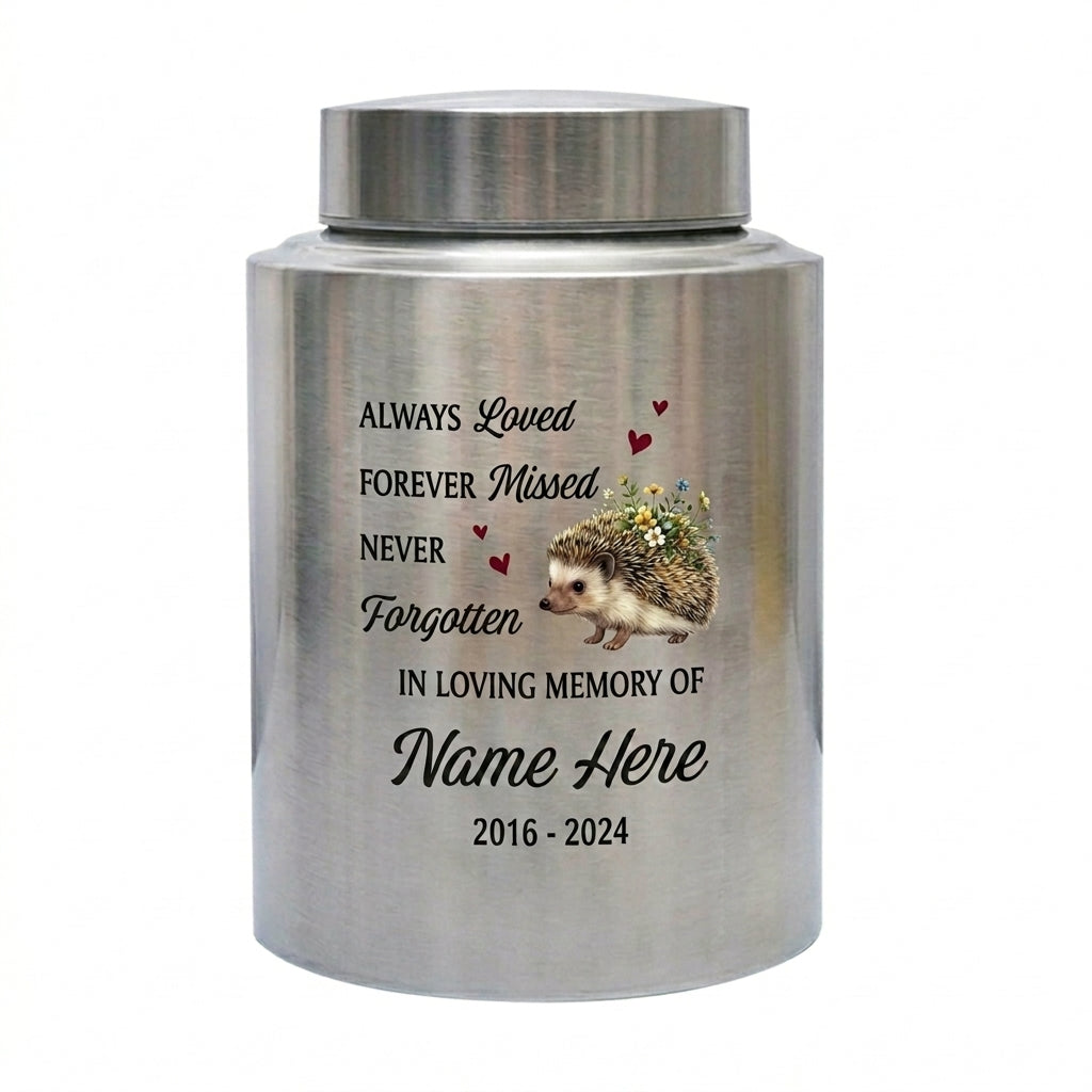Personalized Hedgehog Floral Silhouette Stainless Steel Pet Urns for Ashes, Dog Cat Loss Sympathy Remembrance Gifts for Animal Lovers, Memorial Keepsake Urn, Memorial Gift, In Loving Memory - Image 1