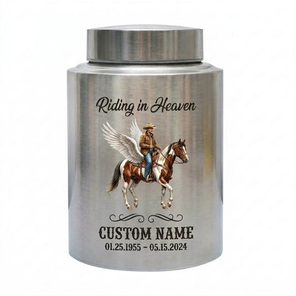 Personalized Cowboy Boots Hat Cross Western UV Printed Stainless Steel Funeral Urn for Adult Human Ashes Large Custom Riding In Heaven Memorial Keepsake Urn, Memorial Gift, In Loving Memory - Image 1