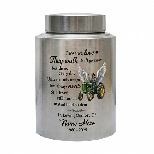 Personalized Farmer Stainless Steel Cremation Urn for Human Ashes, Those We Love Poem Custom Name Date Father Grandfather Loss 4 Colors, Memorial Keepsake Urn, Memorial Gift, In Loving Memory - Image 1