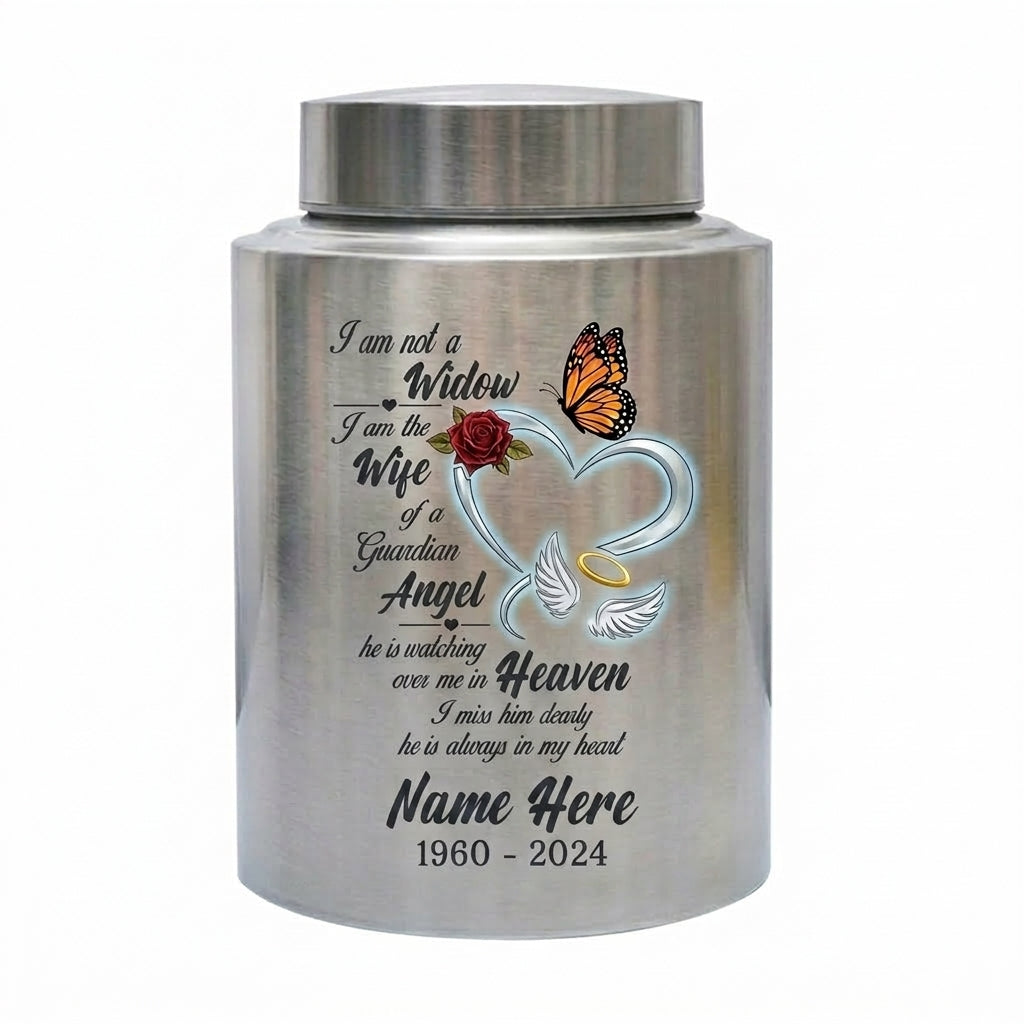 Personalized Guardian Angel Wings Heart Butterfly Rose Stainless Steel Loss of Husband Sympathy Widow Remembrance Decor 5.9x3.9in Memorial Keepsake Urn, Memorial Gift, In Loving Memory - Image 1