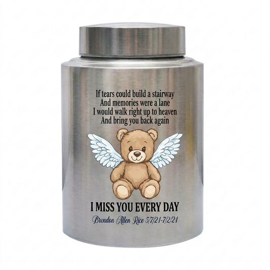 Personalized Teddy Bear Baby Infant Child Stainless Steel Decorative Engraved Urn for Loss of Son Daughter Boy Girl Large and Small Sizes Memorial Keepsake Urn, Memorial Gift, In Loving Memory - Image 1