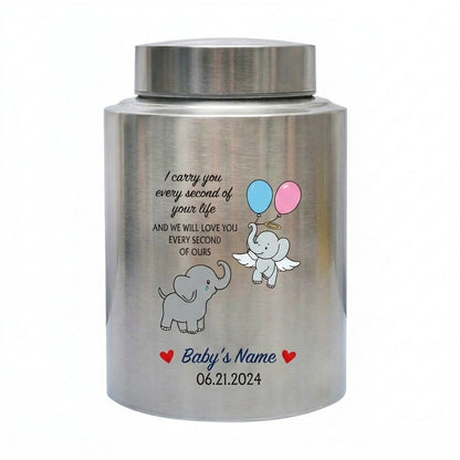 Personalized Angel Baby Elephant Grieving Stainless Steel Urn For Infant Loss Miscarriage Child Memory Large 7.5x5.1 UV Printed Decor Memorial Keepsake Urn, Memorial Gift, In Loving Memory - Image 1