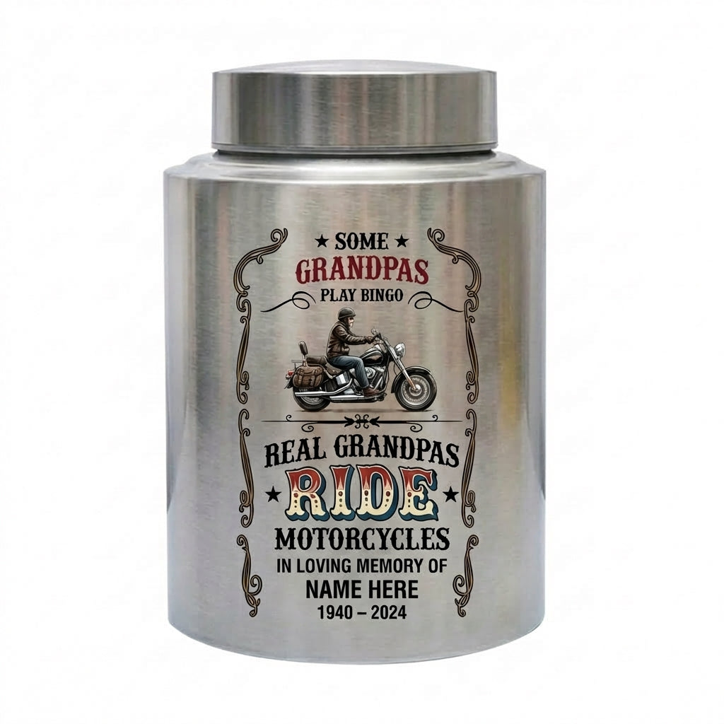 Personalized Motorcycle Stainless Steel Large Urn for Human Ashes, Real Grandpas Ride Motorcycles Biker Dad Grandfather Tribute, Memorial Keepsake Urn, Memorial Gift, In Loving Memory - Image 1