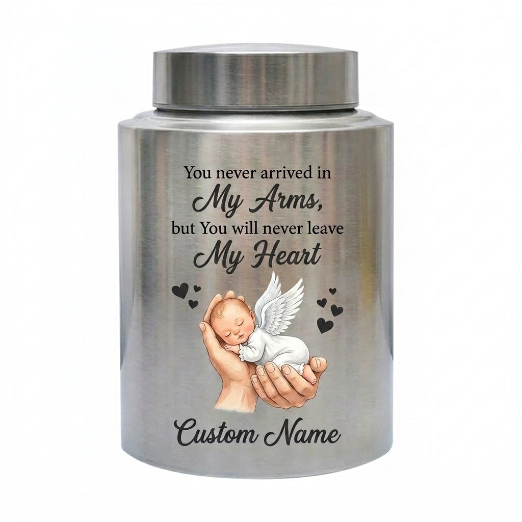 Personalized Baby in Hand Infant Loss Stainless Steel Large Cremation Urn for Boy Girl Stillborn Miscarriage Custom Name UV Printed Memorial Keepsake Urn, Memorial Gift, In Loving Memory - Image 1