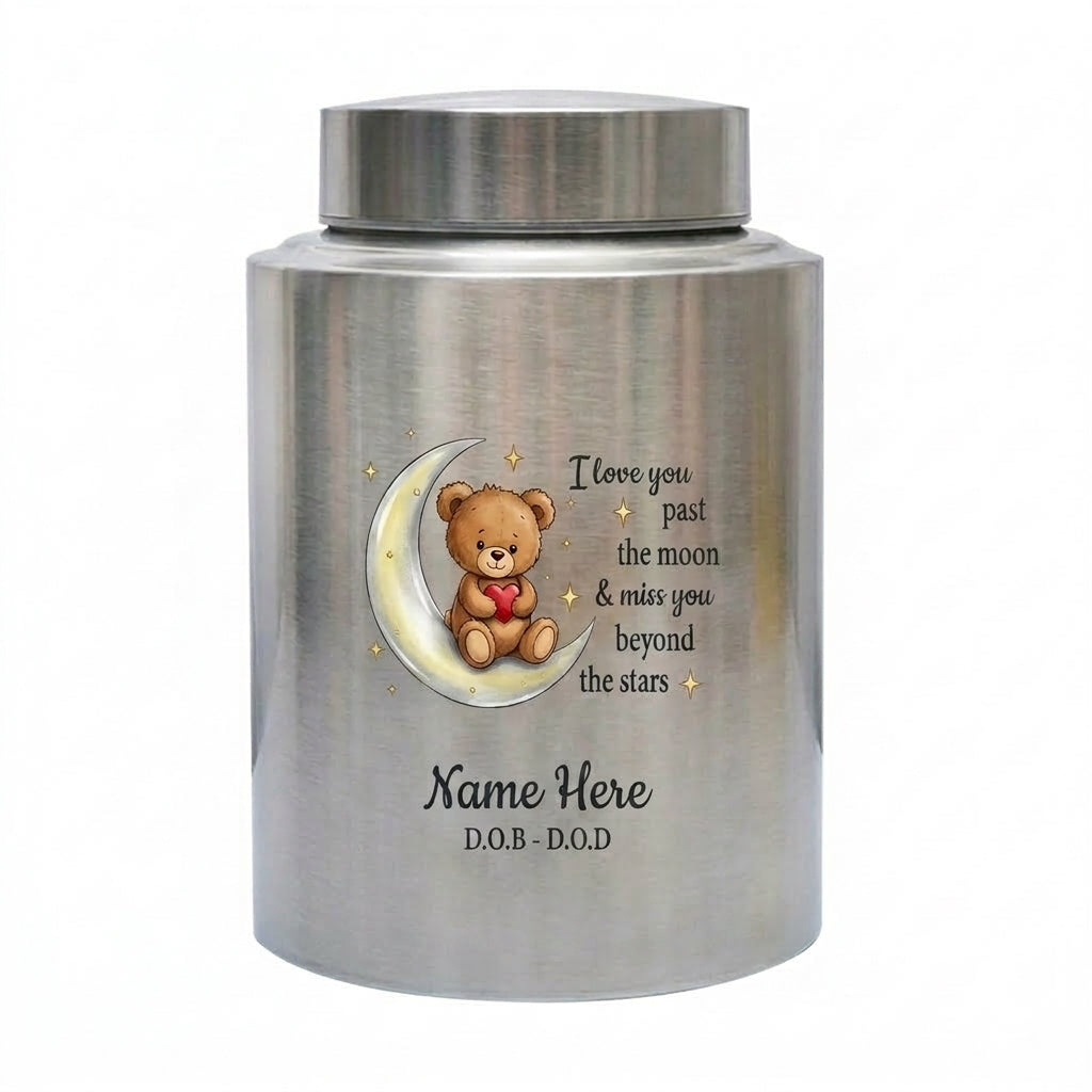 Personalized Teddy Bear Crescent Moon Stars Baby Loss Stainless Steel Urn Infant Child Bereavement Custom Two Sizes Parents Family Memorial Keepsake Urn, Memorial Gift, In Loving Memory - Image 1
