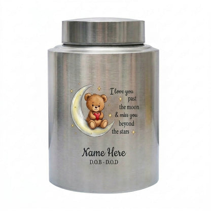 Personalized Teddy Bear Crescent Moon Stars Baby Loss Stainless Steel Urn Infant Child Bereavement Custom Two Sizes Parents Family Memorial Keepsake Urn, Memorial Gift, In Loving Memory - Image 1