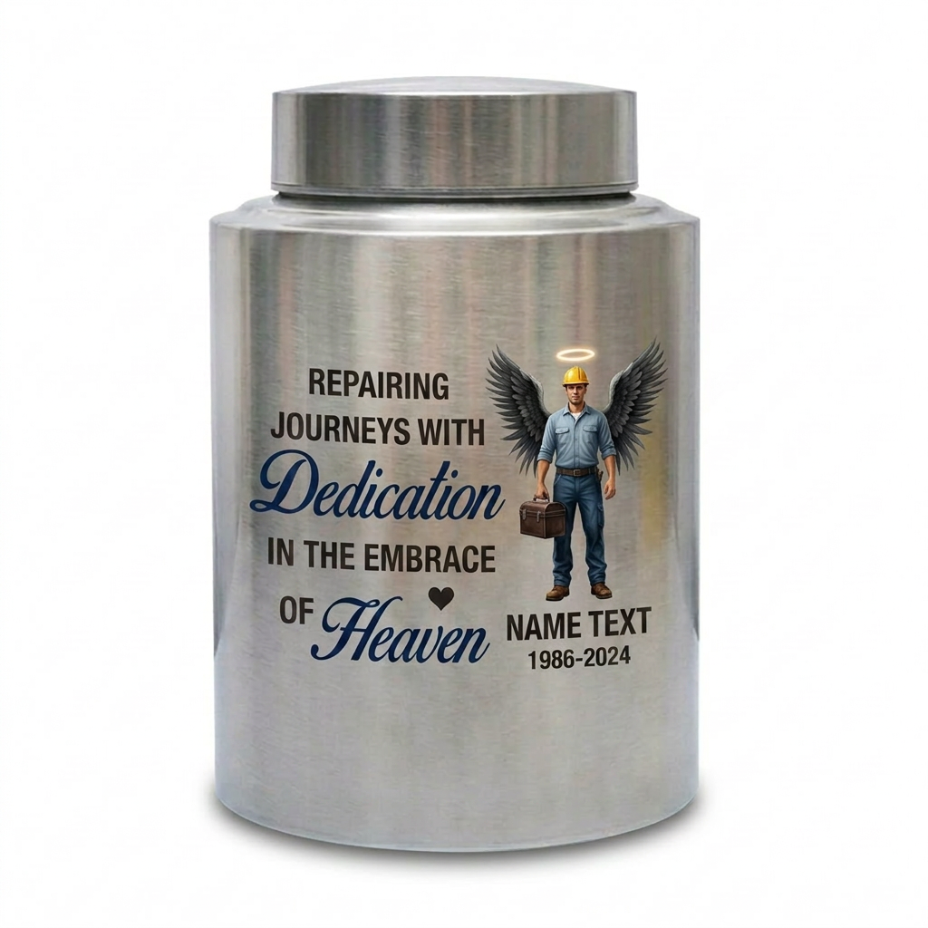 Personalized Mechanic Man Design Repairing Journeys Stainless Steel Urn for Father Husband Auto Worker Tribute 2 Sizes Available Memorial Keepsake Urn, Memorial Gift, In Loving Memory - Image 1