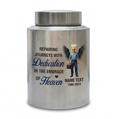 Personalized Mechanic Man Design Repairing Journeys Stainless Steel Urn for Father Husband Auto Worker Tribute 2 Sizes Available Memorial Keepsake Urn, Memorial Gift, In Loving Memory - Image 1