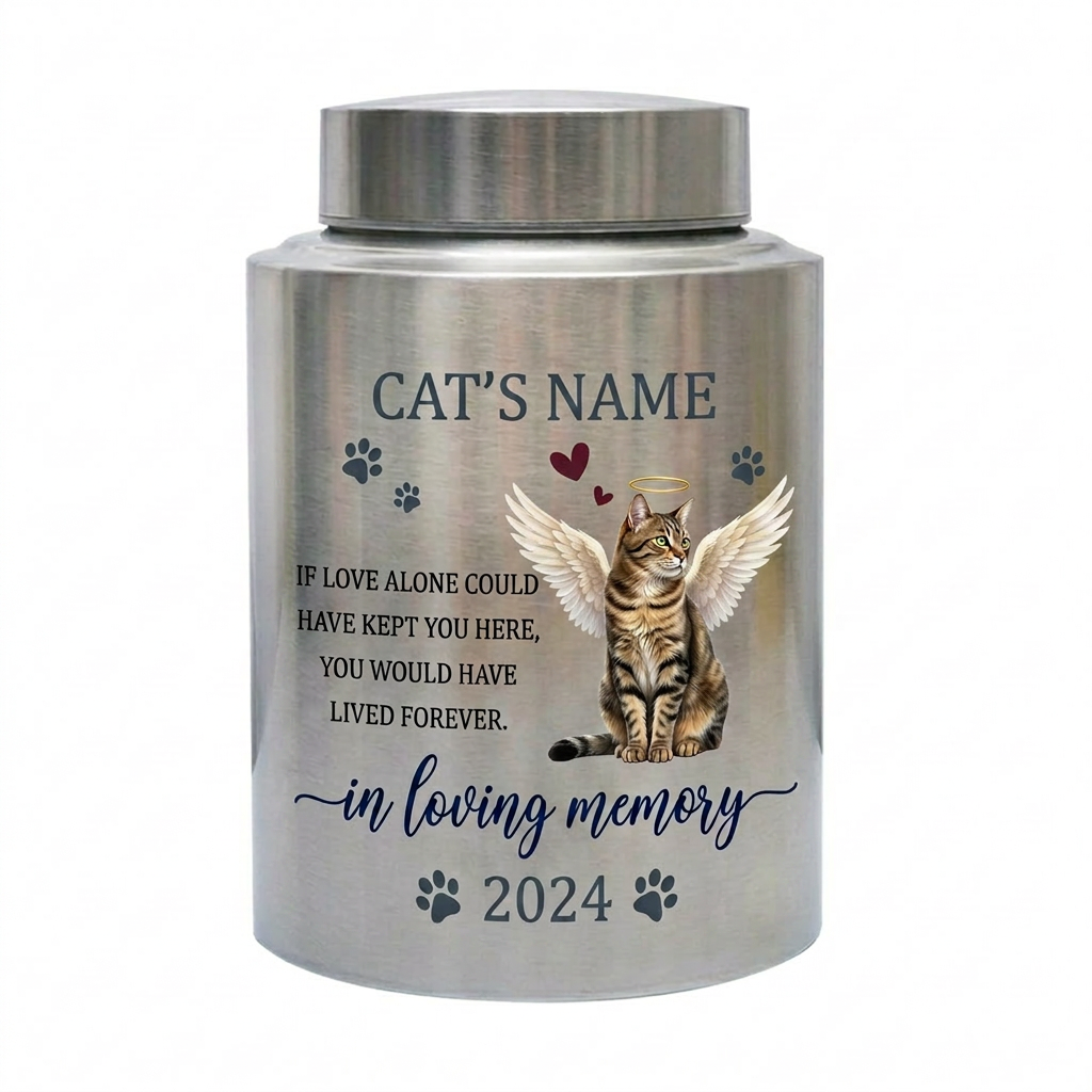Personalized Angel Cat Silhouette Stainless Steel Pet Loss Bereavement Gift for Cat Mom Dad Custom Feline Remembrance Decor 5.9x3.9 or 7.5x5.1 in Memorial Keepsake Urn, Memorial Gift, In Loving Memory - Image 1