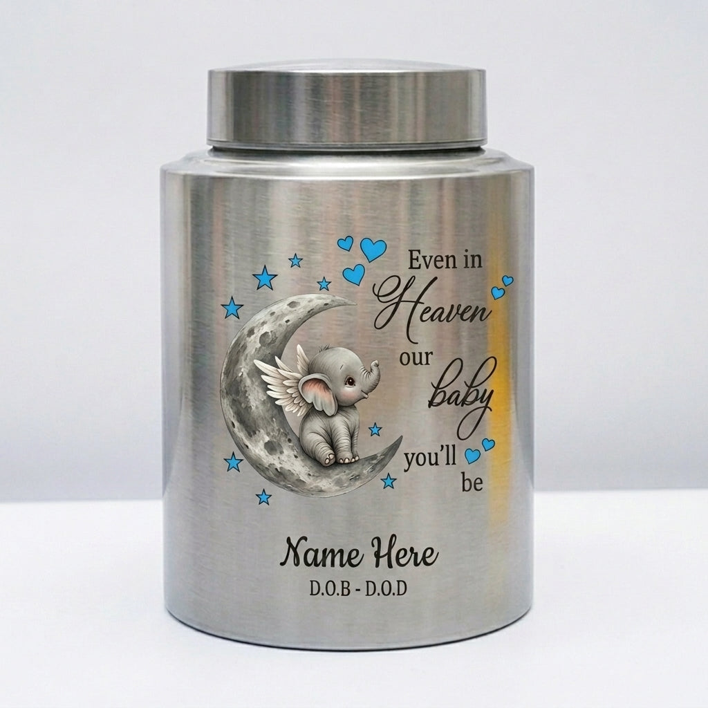 Personalized Baby Loss Infant Bereavement Stainless Steel Urn, Even In Heaven Our Baby You'll Be Quote, 4 Colors Silver Black Gold Red, Memorial Keepsake Urn, Memorial Gift, In Loving Memory - Image 1