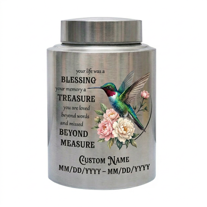 Personalized Hummingbird Stainless Steel Cremation Urn For Human Ashes Custom Name And Date Loss Of Loved One Sympathy Condolence Bereavement Memorial Keepsake Urn, Memorial Gift, In Loving Memory - Image 1