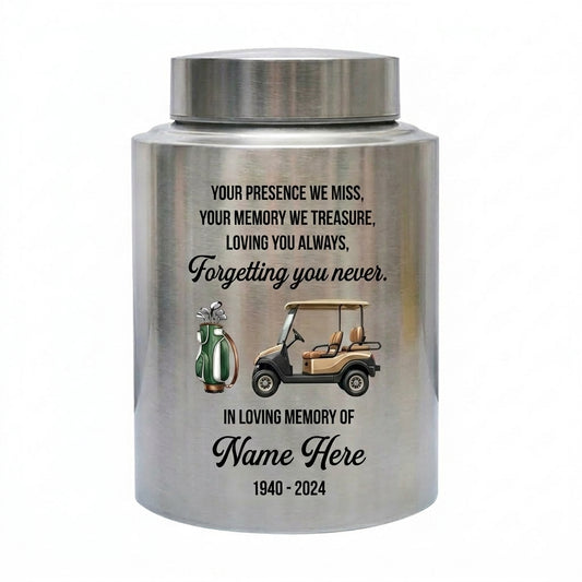 Personalized Golf Players Custom Stainless Steel UV Print Sports Fan Golfer Tribute For Adult Men Women Ashes Large & Small Memorial Keepsake Urn, Memorial Gift, In Loving Memory - Image 1