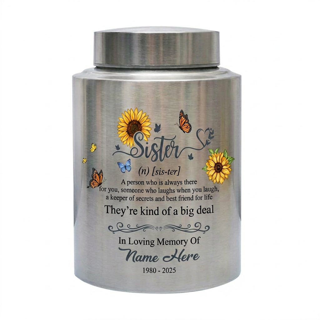Personalized Sunflower Butterfly Sister Memorial Stainless Steel UV Print Urn for Loss of Best Friend Sister-in-Law Bereavement Tribute 2 Sizes Memorial Keepsake Urn, Memorial Gift, In Loving Memory - Image 1