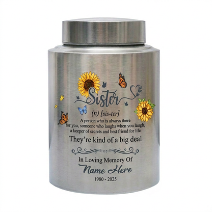 Personalized Sunflower Butterfly Sister Memorial Stainless Steel UV Print Urn for Loss of Best Friend Sister-in-Law Bereavement Tribute 2 Sizes Memorial Keepsake Urn, Memorial Gift, In Loving Memory - Image 1
