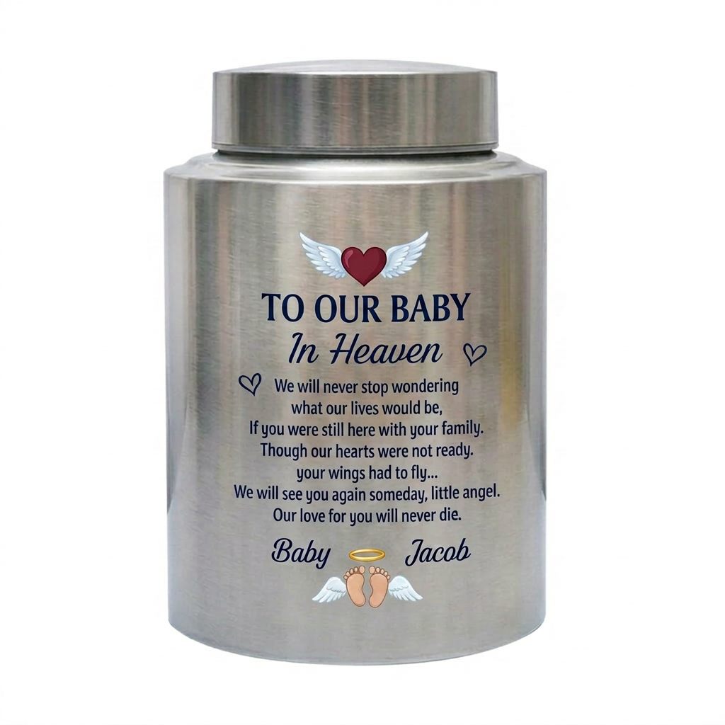 Personalized Infant Footprints Angel Wings Baby Loss Stainless Steel Urn For Grieving Parents Miscarriage Child Remembrance Small Or Large Memorial Keepsake Urn, Memorial Gift, In Loving Memory - Image 1