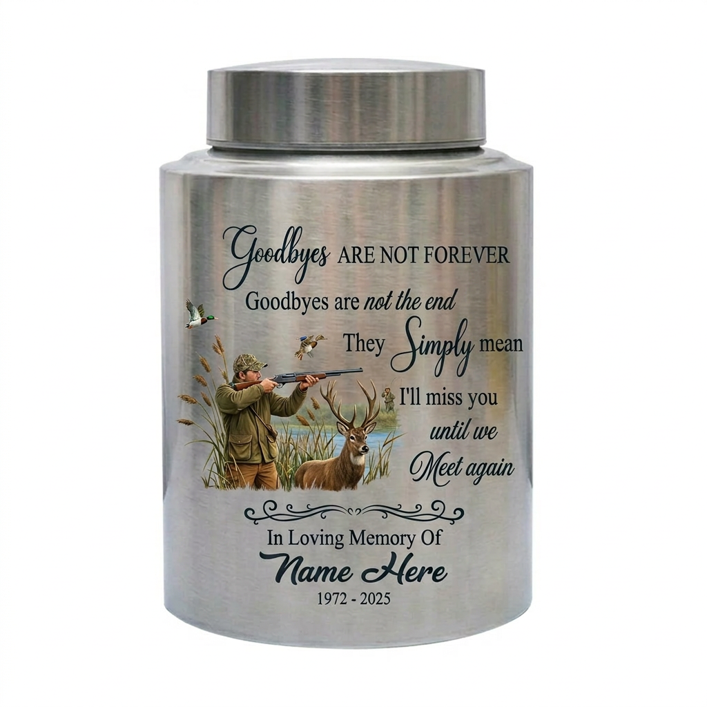Personalized Deer Hunting Stainless Steel Urn for Human Ashes, Hunter Tribute Bereavement Receptacle Custom Name Date, UV Print Container, Memorial Keepsake Urn, Memorial Gift, In Loving Memory - Image 1
