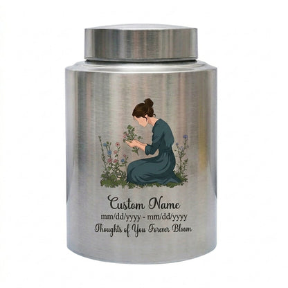 Personalized Gardening Theme Stainless Steel Cremation Urn for Mom Grandma, Custom Name Date Thoughts of You Forever Bloom Floral Ashes Holder, Memorial Keepsake Urn, Memorial Gift, In Loving Memory - Image 1